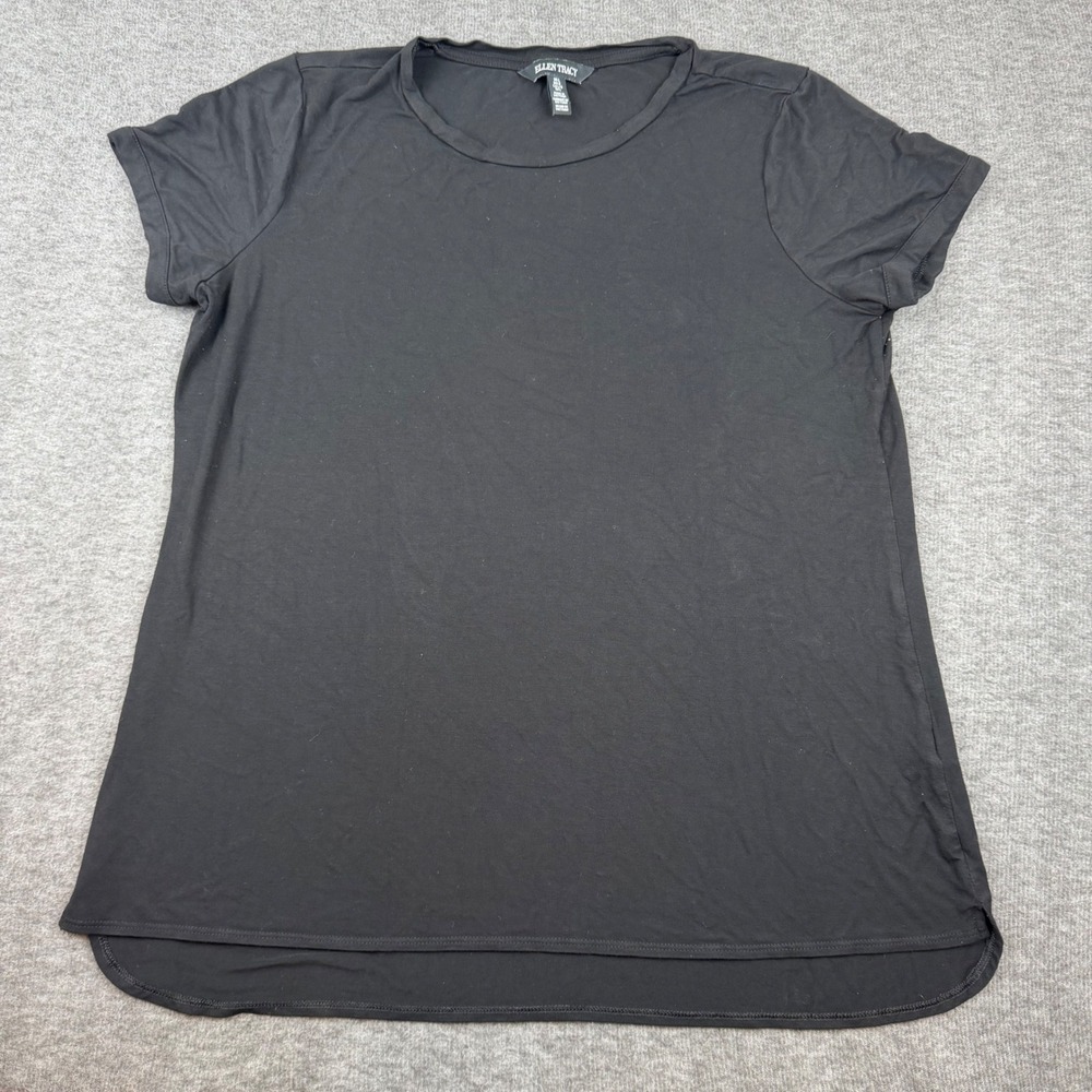 Ellen Tracy T-Shirt Womens Large Black Short Sleeve Viscose Stretch High-Low Hem